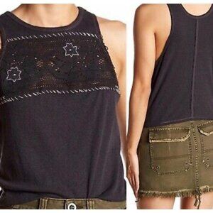 We the Free People Tank Top Womens S Gray Black Crop Shirt Embroidered Star Lace